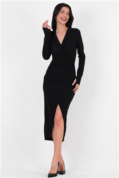 Eilbacher Kruvaze Yanı Büzgülü Asimetrik Etek Midi Abiye Elbise SİYAH