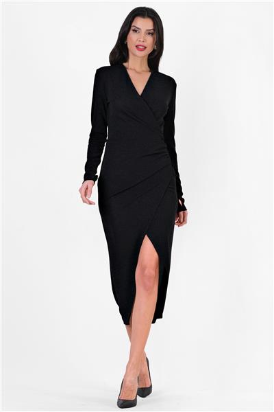 Eilbacher Kruvaze Yanı Büzgülü Asimetrik Etek Midi Abiye Elbise SİYAH