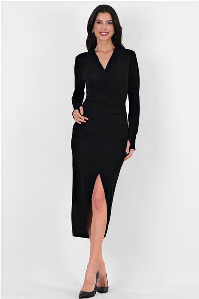 Eilbacher Kruvaze Yanı Büzgülü Asimetrik Etek Midi Abiye Elbise SİYAH