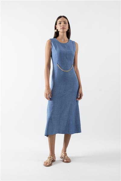 Eldard Yuvarlak Yaka Belde Zincir Detaylı Elbise İNDİGO