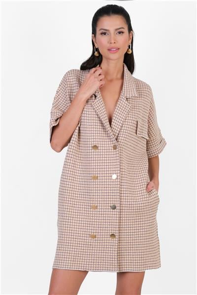 Elfman Gömlek Yaka Blazer Triko Elbise BEJ