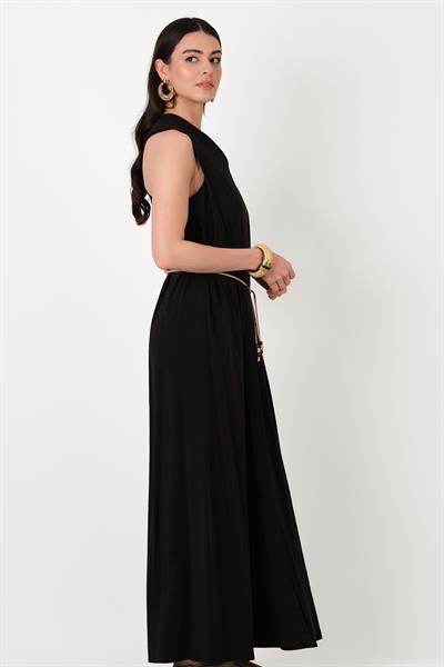 Elmaleh V Yaka İnce Kemerli Elbise SİYAH