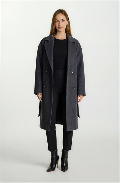 Enedina Kruvaze Kuşaklı Yandan Cepli Kaban FÜME