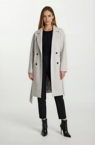 Enedina Kruvaze Kuşaklı Yandan Cepli Kaban KREM