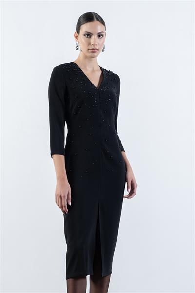 Eriberta V Yaka Önü Boncuk Taş İşlemeli Midi Abiye Elbise SİYAH