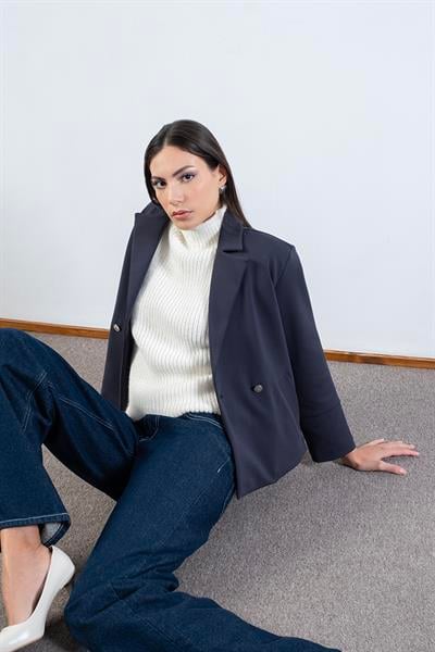 Erinela Klasik Yaka Kruvaze Mini Ceket ANTRASİT