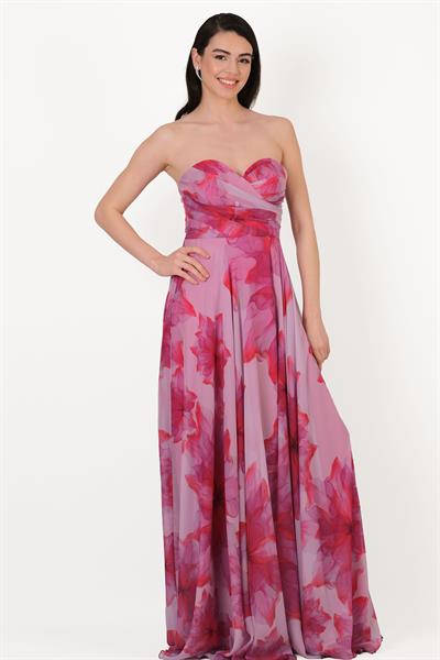 Espinosaı Kalp Yaka Straplez Uzun Abiye Elbise FUŞYA