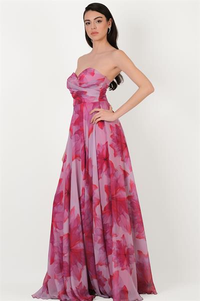 Espinosaı Kalp Yaka Straplez Uzun Abiye Elbise FUŞYA