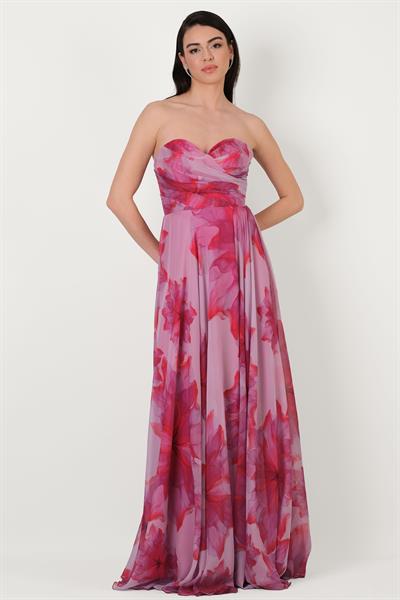 Espinosaı Kalp Yaka Straplez Uzun Abiye Elbise FUŞYA
