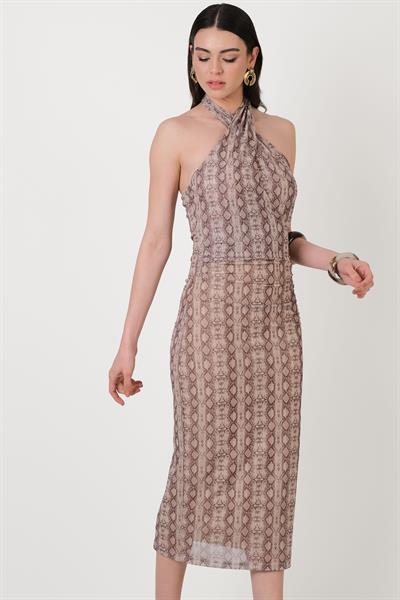 Evigan Halter Yaka Büzgülü Elbise BEJ