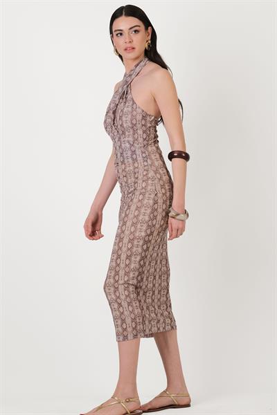 Evigan Halter Yaka Büzgülü Elbise BEJ