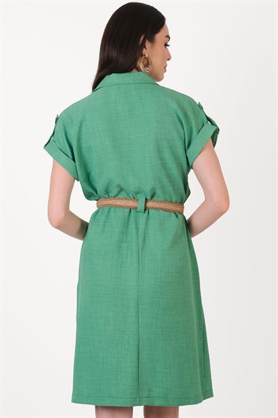 Facinell Gömlek Yaka Önü Düğmeli Elbise YEŞİL