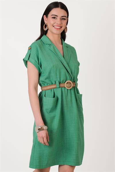 Facinell Gömlek Yaka Önü Düğmeli Elbise YEŞİL