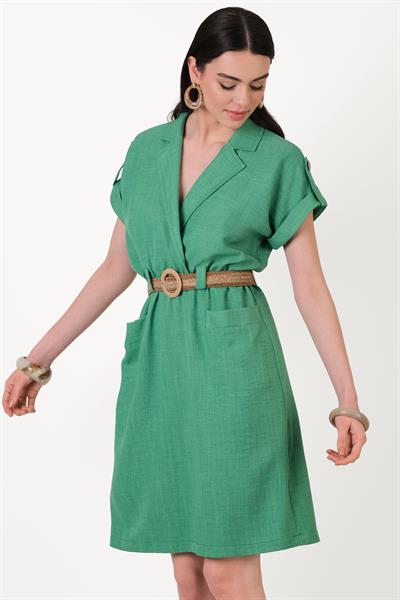 Facinell Gömlek Yaka Önü Düğmeli Elbise YEŞİL