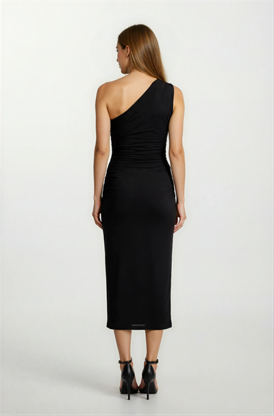Falchetto Tek Omuz Yanı Büzgülü Midi Abiye Elbise SİYAH