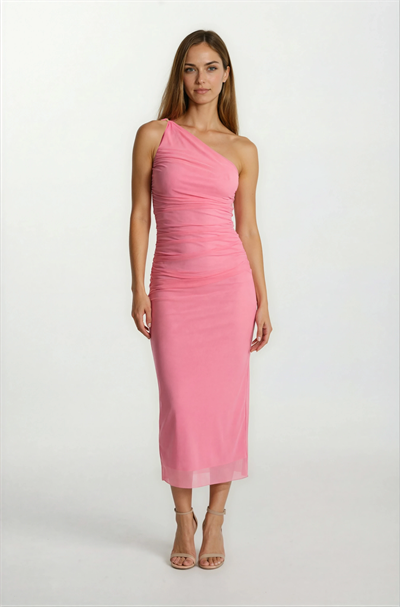 Falchetto Tek Omuz Yanı Büzgülü Midi Abiye Elbise PEMBE