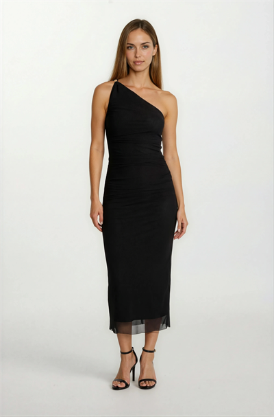 Falchetto Tek Omuz Yanı Büzgülü Midi Abiye Elbise SİYAH