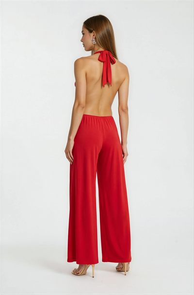 Falcon Degaje Yaka Boyundan Bağlamalı Abiye Tulum KIRMIZI