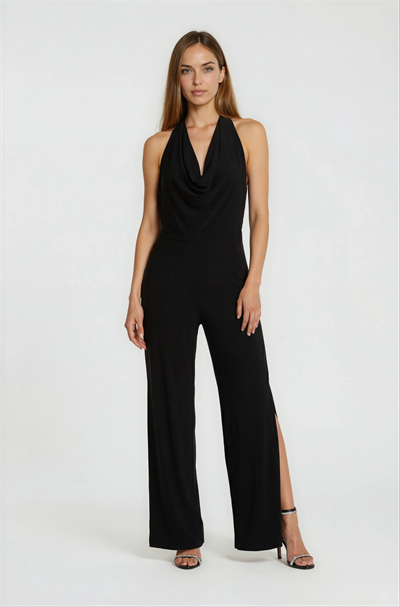 Falcon Degaje Yaka Boyundan Bağlamalı Abiye Tulum SİYAH