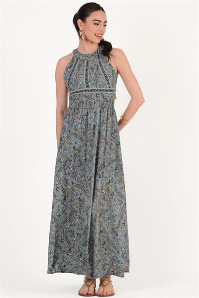 Farnesi Halter Yaka Sırt Açık Bel Lastikli Elbise YEŞİL