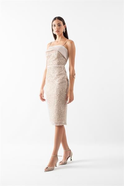 Farrell İnce İp Askılı Kare Yaka Kalem Kısa Abiye Elbise BEJ