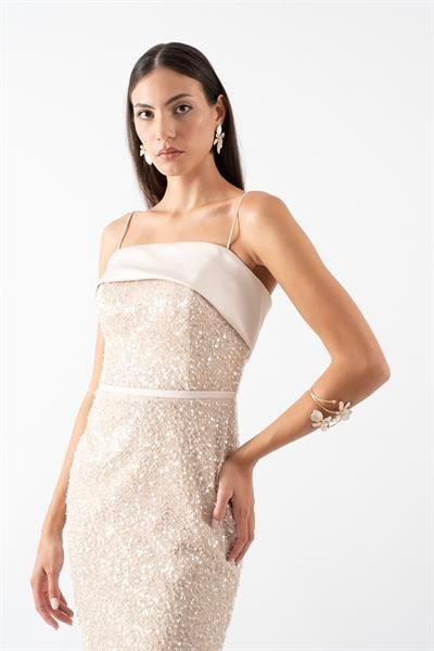 Farrell İnce İp Askılı Kare Yaka Kalem Kısa Abiye Elbise BEJ