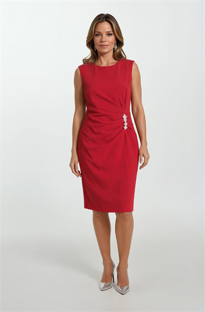 Farris Yuvarlak Yaka Yanı Taş Aksesuar Detaylı Midi Abiye Elbise KIRMIZI