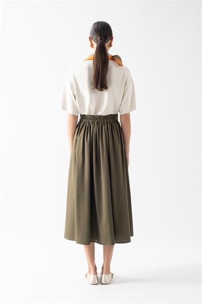 Faulker Arka Bel Lastikli Önü Pileli Etek HAKİ