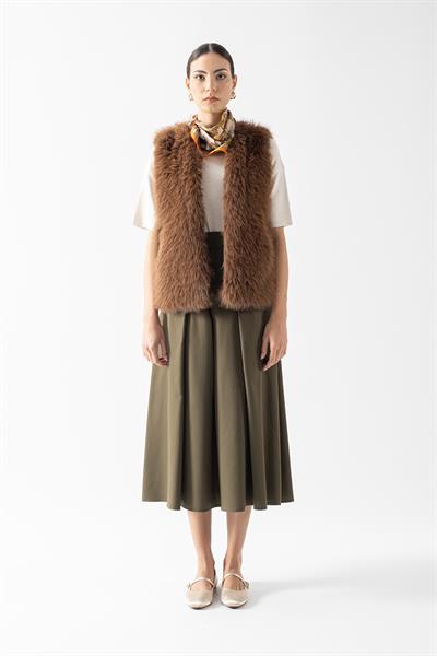 Faulker Arka Bel Lastikli Önü Pileli Etek HAKİ