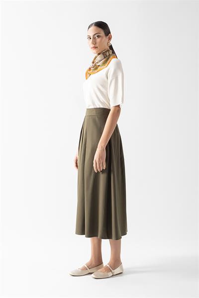 Faulker Arka Bel Lastikli Önü Pileli Etek HAKİ
