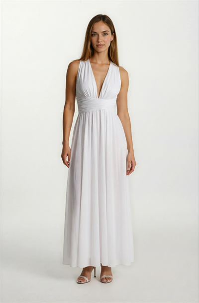 Felyng V Yaka Sırt Çarpraz Askılı Uzun Abiye Elbise EKRU