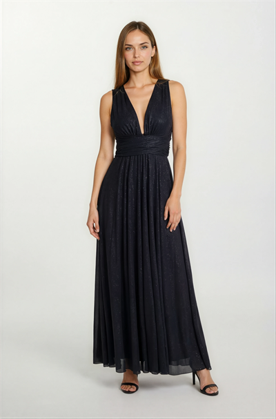 Felyng V Yaka Sırt Çarpraz Askılı Uzun Abiye Elbise SİYAH