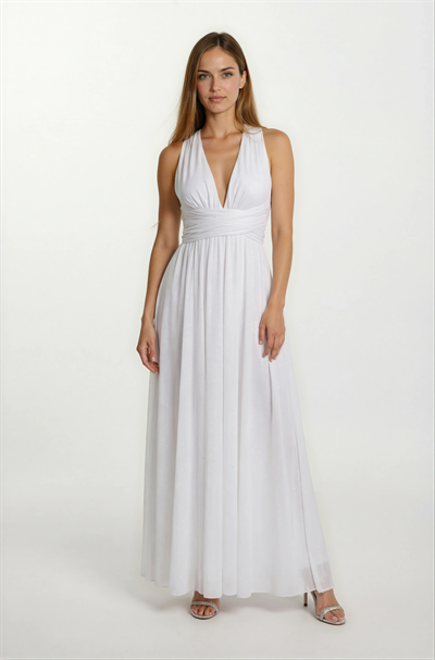 Felyng V Yaka Sırt Çarpraz Askılı Uzun Abiye Elbise EKRU