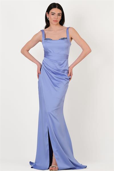 Fenoglio Kalp Yaka Askılı Drapeli Asimetrik Yırtmaçlı Uzun Abiye Elbise İNDİGO