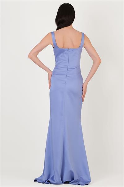 Fenoglio Kalp Yaka Askılı Drapeli Asimetrik Yırtmaçlı Uzun Abiye Elbise İNDİGO