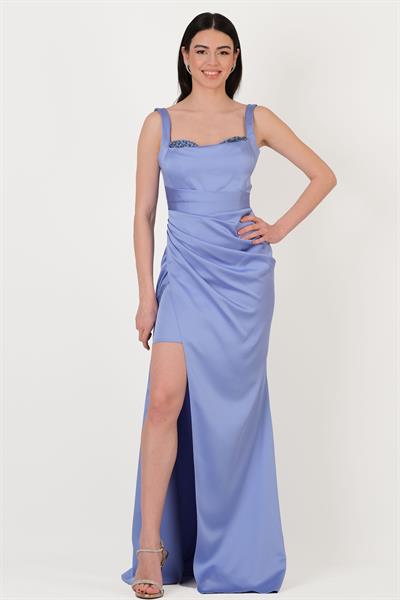 Fenoglio Kalp Yaka Askılı Drapeli Asimetrik Yırtmaçlı Uzun Abiye Elbise İNDİGO