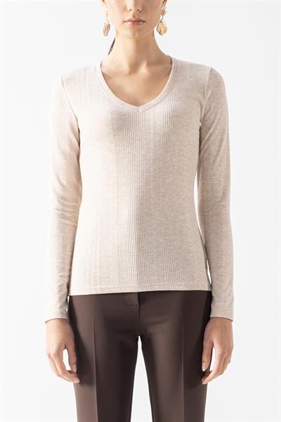 Fenwick V Yaka Uzun Kol Triko Bluz BEJ