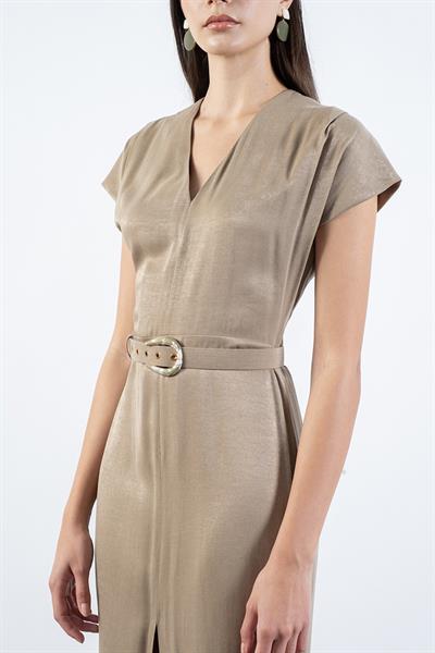 Ferguson V Yaka Yırtmaçlı Kemerli Elbise ÇAĞLA