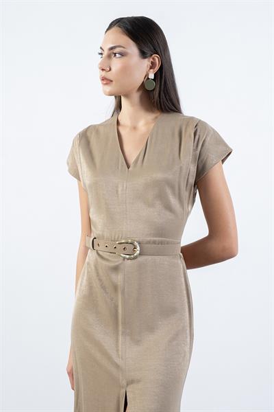 Ferguson V Yaka Yırtmaçlı Kemerli Elbise ÇAĞLA