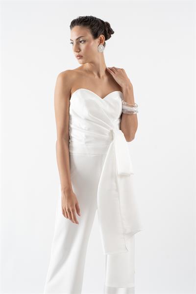 Ferracini Kalp Yaka Straplez Belde Asimetrik Kuşak Abiye Tulum EKRU