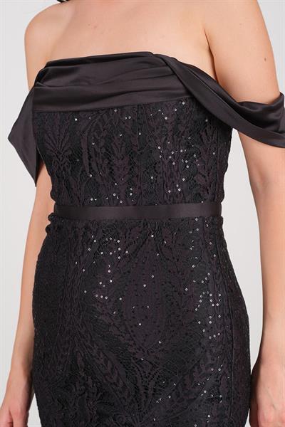 Ferranda Düşük Kol Kısa  Abiye Elbise SİYAH