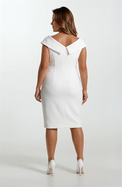 Ferzetti Kuruvaze Omuz Pileli Yırtmaçlı Midi Abiye Elbise BEYAZ