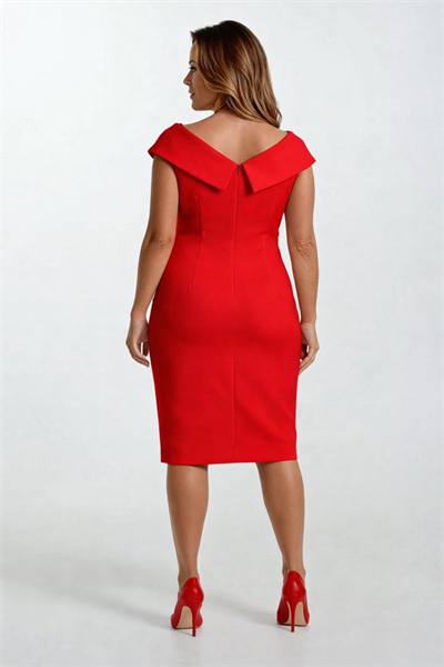 Ferzetti Kuruvaze Omuz Pileli Yırtmaçlı Midi Abiye Elbise KIRMIZI