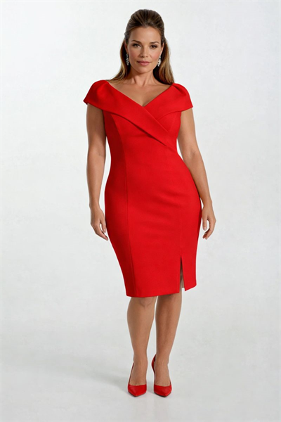 Ferzetti Kuruvaze Omuz Pileli Yırtmaçlı Midi Abiye Elbise KIRMIZI