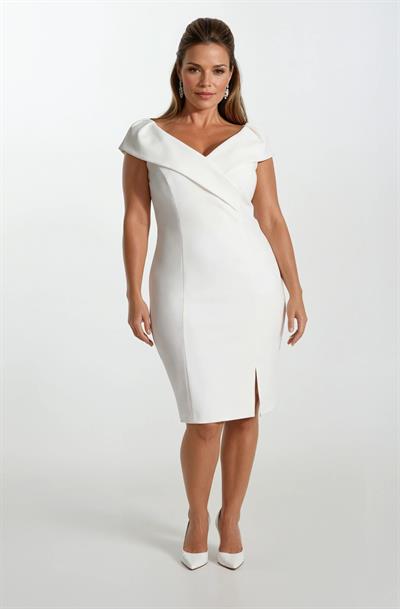 Ferzetti Kuruvaze Omuz Pileli Yırtmaçlı Midi Abiye Elbise BEYAZ