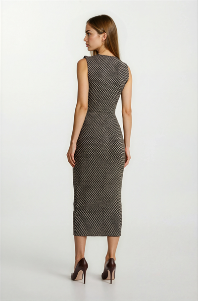 Finsches Omuz Pileli Önü Derin V Taşlı Uzun Abiye Elbise KAHVE