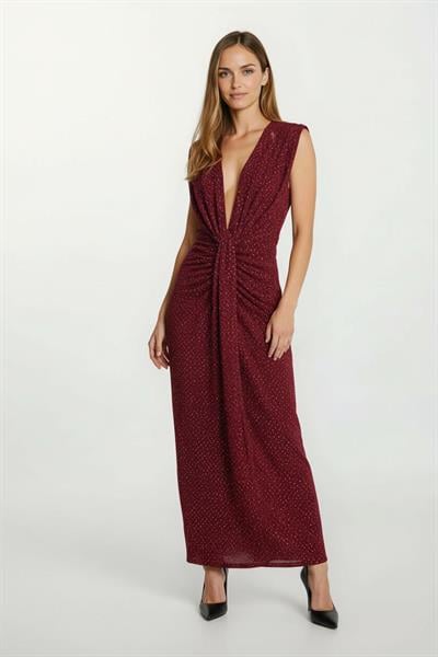 Finsches Omuz Pileli Önü Derin V Taşlı Uzun Abiye Elbise BORDO
