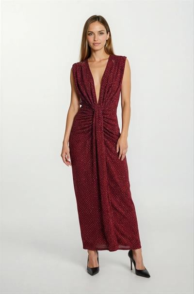 Finsches Omuz Pileli Önü Derin V Taşlı Uzun Abiye Elbise BORDO