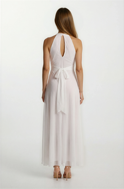 Firenze V Yaka Boyundan Bağlı Uzun Abiye Elbise BEYAZ