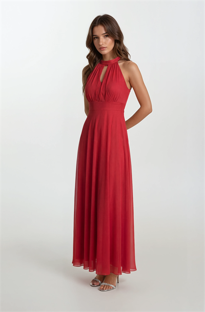 Firenze V Yaka Boyundan Bağlı Uzun Abiye Elbise KIRMIZI